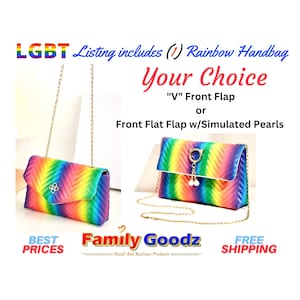 Mini bolso de mano con diseño de chevron de colores del arcoíris y el orgullo gay LGBTQ con correa de cadena. Puedes elegir entre forma de "V" en el frente o frente plano con perlas simuladas