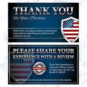 May include: Two navy blue cards with silver text. The top card reads "THANK YOU For Your Purchase" and features a shield with the American flag. The bottom card says "PLEASE SHARE YOUR EXPERIENCE WITH A REVIEW" and has a similar shield.