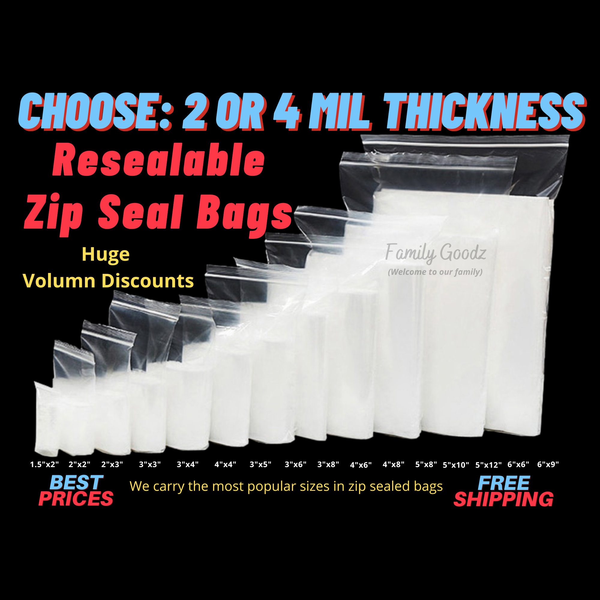 200 Pack 2 Mil Thick PP Bags for Jewelry, 4 Assorted Sizes, 2x3 3x3 3x5 4x6 inch. 50 Counts Each size, Clear Durable Food Grade Safe. Resealable Zippe