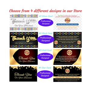 May include: Image showcasing four different thank you card designs. Each card features a unique background, with text that reads "Thank You" and "For Your Purchase" or "For Your Business". The cards also include the text "Please Share Your Experience With A Review".