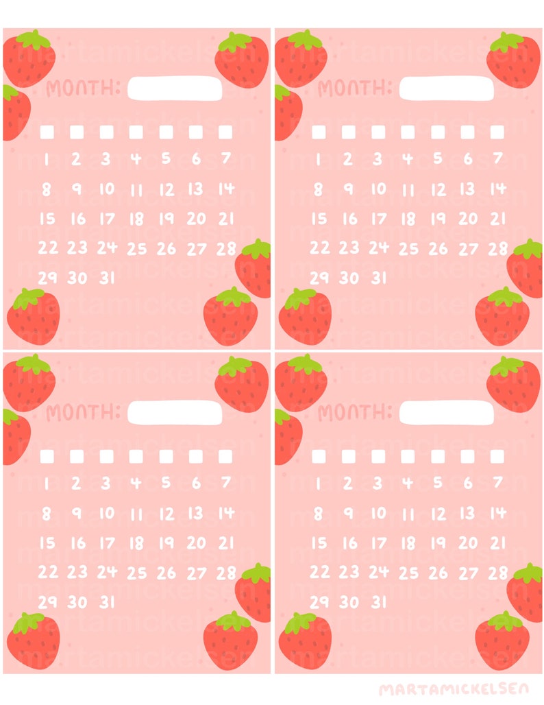 Strawberry Printable Mini Calendar Dateless Etsy