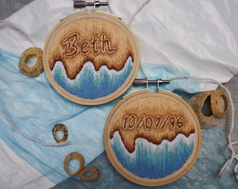 DOUBLE hand embroidered writing in the sand, 3 inch hoops, date, size, home decor, hoop art, anniversary gift, interior design, beach themed