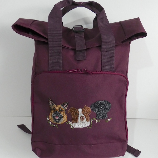 Hand Embroidered Pet Portrait Backpack, 8-10 weeks.  personalised pet portrait, custom backpack,embroidered bag, dog portrait
