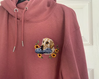 Pet Portrait Hoodie. 8-10 weeks wait, Hand embroidered pet portrait, wearable pet portrait, hooded jumper, personalised pet portrait, unique