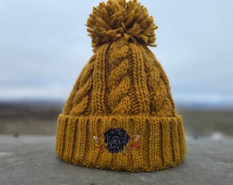 Hand Embroidered Pet Portrait Bobble Hat, cable knit hat, personalised DISPATCH 6 weeks
