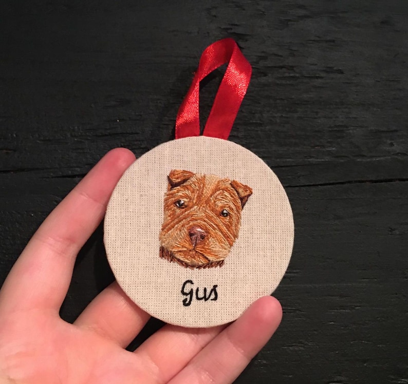 Hand Embroidered Pet Portrait Bauble , 8 WEEK WAIT pet portrait,embroidered portrait, christmas bauble, christmas decor, hanging decor image 4