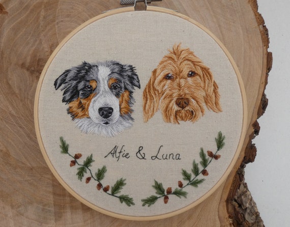 Hand Embroidered Multiple Pet Portrait: Custom Hoop Art DISPATCH 6 weeks