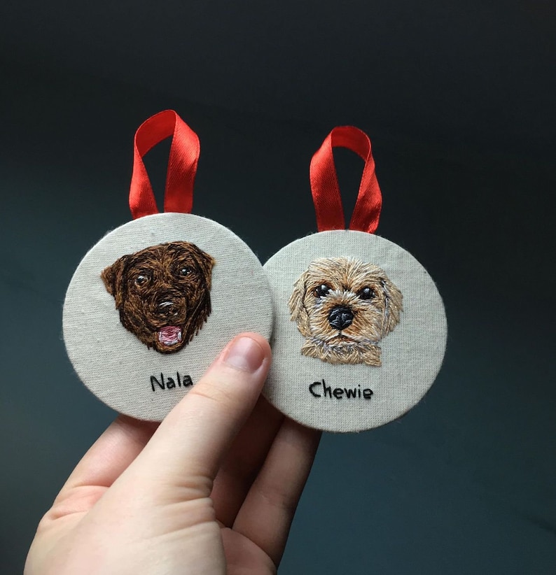 Hand Embroidered Pet Portrait Bauble , 8 WEEK WAIT pet portrait,embroidered portrait, christmas bauble, christmas decor, hanging decor image 3