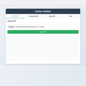 May include: A screenshot of a web page with a green button that says "Upload PDF". The page is titled "Cortex Chatbot" and has tabs for "Upload PDF", "Processed PDFs", "Query PDF", and "Chat".