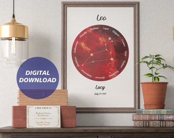 Impresión de signos del zodiaco personalizado, Arte de pared imprimible, Póster del zodiaco personalizado, Idea de regalo personalizada, Decoración de pared de astrología, Constelación personalizada