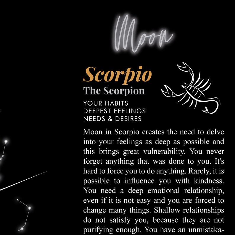 May include: Black and white illustration of a scorpion with the text "Moon Scorpio The Scorpion Your Habits Deepest Feelings Needs & Desires" and a description of the astrological meaning of the moon in Scorpio.