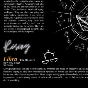 May include: A black and white illustration of a Libra zodiac sign with the text "Rising Libra The Balance" and a description of the Libra personality traits. The text reads: "Libra prefers tasks that are well thought out, prepared and based on objectives and correction of the situation. Trying to take into consideration opinions of others can slow the person down. Hesitation, indecision or opportunism. These people usually prefer if somebody makes decisions. It is important to create a strong system of values and norms which can be followed, because of decision-making."