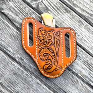 Fodero in pelle fatto a mano per coltello pieghevole Buck 110 / Fondina in stile western lavorata / Custodia per coltello EDC su misura