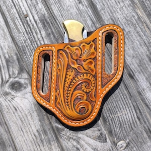 Fodero in pelle fatto a mano per coltello pieghevole Buck 110 / Fondina in stile western lavorata / Custodia per coltello EDC su misura