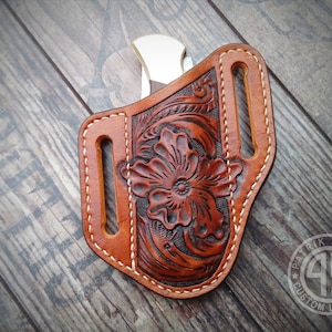 Fodero in pelle fatto a mano per coltello pieghevole Buck 110 / Fondina in stile western lavorata / Custodia per coltello EDC su misura