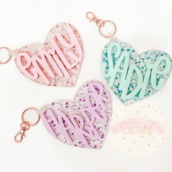 Heart Backpack Tags, Kids Keychains, Personalized Keychain, Acrylic Keychain, Name Tag, Kids Luggage Tag, Diaper Bag Tag,