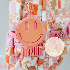 Smiley Backpack Tag, Retro Name Tag, Girls Backpack Tag, Kids Keychain