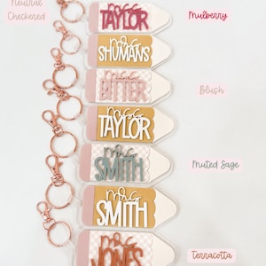 May include: Set of six teacher keychain charms shaped like pencils with different colored backgrounds and names. The names are "Mrs. Taylor", "Mrs. Shumans", "Mrs. Bitter", "Mrs. Taylor", "Mrs. Smith", and "Mrs. Jones".
