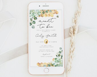 Electronic Bee Bridal Shower Invitation Template, Meant to Bee Wedding Shower Evite, Succulent Eucalyptus Greenery,Digital,EDIT all TEXT,a18