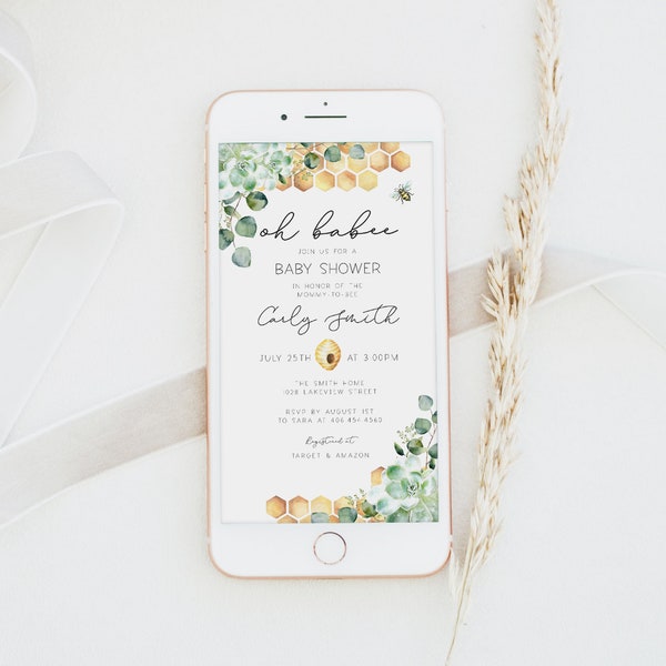 Electronic Bee Baby Shower Invitation Template, Oh Babee Baby Shower Evite, Succulent Eucalyptus Greenery, Digital Evite, EDIT all TEXT, a18