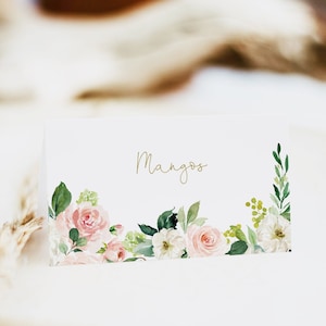 Modelos de barraca de comida com estampa floral rosa para imprimir, modelos de cartões de lugar com estampa floral, barraca de comida dobrada, cartões de lugar planos, texto 100% editável, download instantâneo, P24