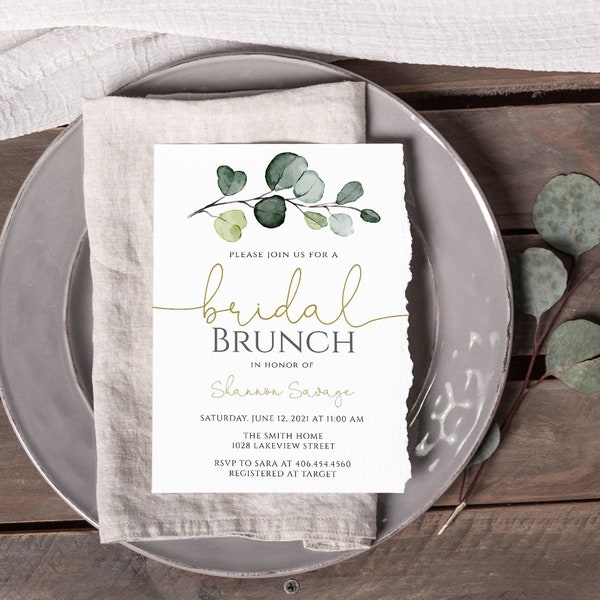 Greenery Bridal Brunch Invitation Template, Eucalyptus Bridal Shower, Garden Brunch Invitation, 100% EDITABLE Text, Instant Download, P33