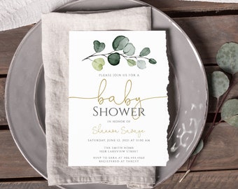 Greenery Baby Shower Invitation Template, Eucalyptus Baby Shower, Garden Shower Invitation, 100% EDITABLE Text, Instant Download, P33