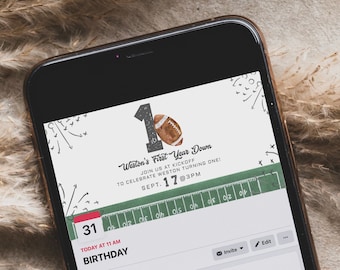 Football Birthday Facebook Event Cover Image, First Year Down Birthday Evite, Digital Facebook American Football Party Canva Template a98