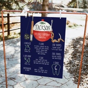 Fishing Milestone Poster Template, Boys First Birthday Stat Poster, Large Milestone Birthday Poster, Ofishaly One, Gone Fishing Digital, a32