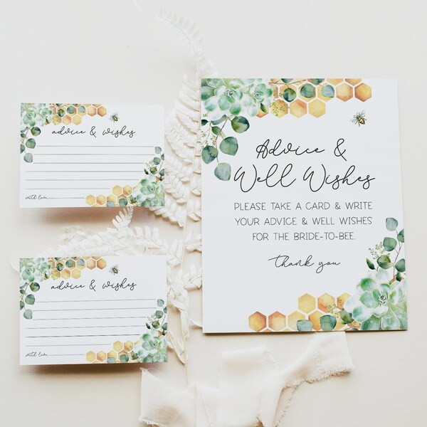 Conseils et bons voeux pour la future mariée, Bumble Bee Bridal Shower Advice Sign, Wishes for The Bride to Be, Honeycomb and Succulents, a18