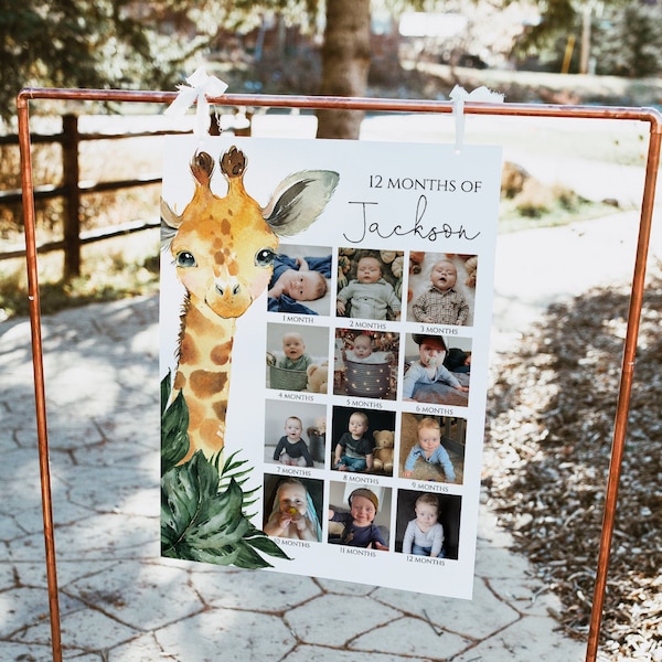 Safari Monthly Photo Collage Poster Template, My First Birthday Photo Board, Giraffe Birthday Picture Sign, Giraffe Poster,EDIT ALL TEXT,c02