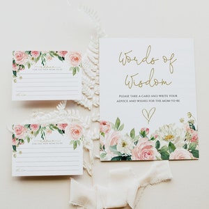 Woorden van wijsheid-teken en notitiekaarten, advies voor de aanstaande moeder, advies voor de aanstaande ouders, doe-het-zelf roze bloemen babyshower activiteitenbord, P24