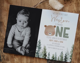 Picture First Birthday Invitation TemplateBearly One Boy Birthday Invitation Printable,Woodland Bear Invitation,Bear-y Excited Birthday,A50