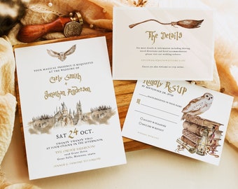 Wizard Wedding Invitation Suite Templates, Magic Wedding Invite Set,Magical Wedding Details and RSVP Card,Watercolor Castle,DIY DIGITAL,C108