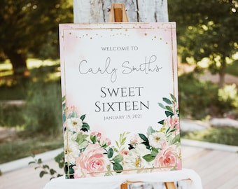 Sweet Sixteen Welcome Sign Template, Pink Floral Birthday Welcome Poster, Girls Birthday Sign, Editable Welcome Large Sign, dit all Text,P24