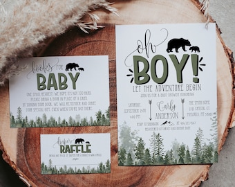 Lumberjack Baby Shower Invitation Bundle, Bear, Pine Trees (Digital File)