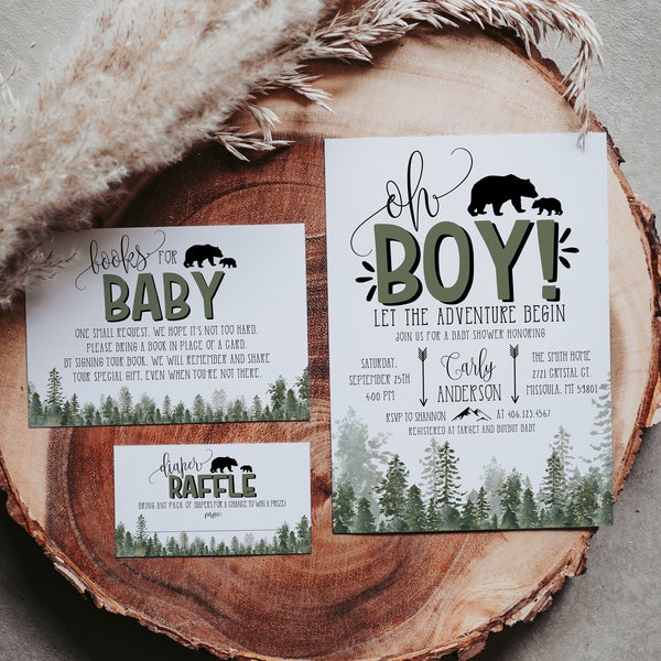 Woodland Baby Shower Invitation Bundle, Bûcheron Baby Shower Invitation 3 Card Set, Wilderness Bear Pins rustiques, Fichier numérique, A1s