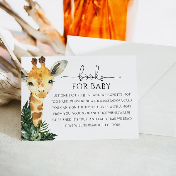 Books For Baby Card, Stock the Library, Book Instead of Card Request, Giraffe Baby Invite Insert, Jungle Baby shower, Instant Download, c02