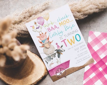 May include: A pink and white invitation with a watercolor design of farm animals. The text on the invitation reads "Dink, luck. BAA, MOO... Carly Rose is turning TWO. Join us to celebrate July 25th at 3:00pm".