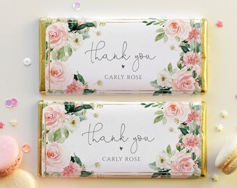 Chocolate Bar Wrapper Template, Pink Floral and Gold Birthday Favor Printable, Hershey Bar Label, Girl Baby Shower Favor, Pink Roses, p24