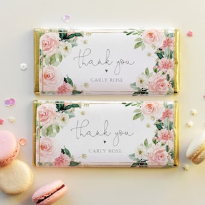 Chocolate Bar Wrapper Template, Pink Floral and Gold Birthday Favor Printable, Hershey Bar Label, Girl Baby Shower Favor, Pink Roses, p24