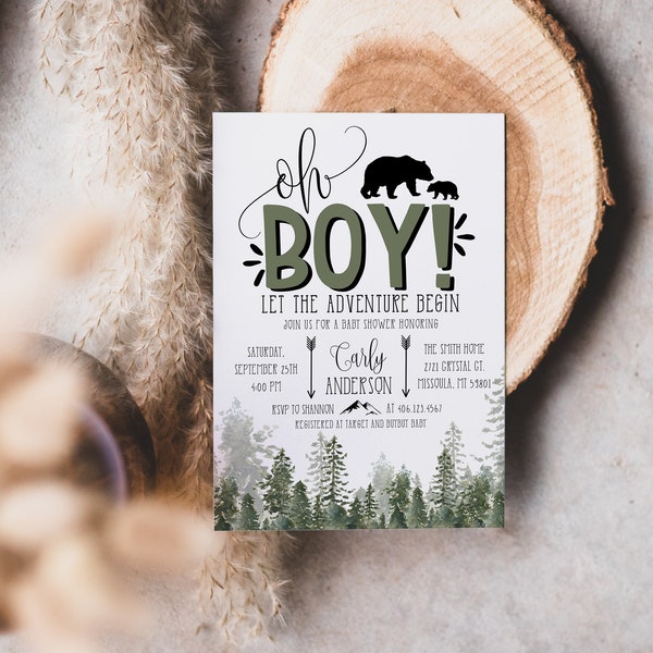 Lumberjack Baby Shower Invitation Editable, Wilderness Bear Invitation, Rustic Pine Trees, Boy Shower, EDIT ALL TEXT, Instant Download, a1s