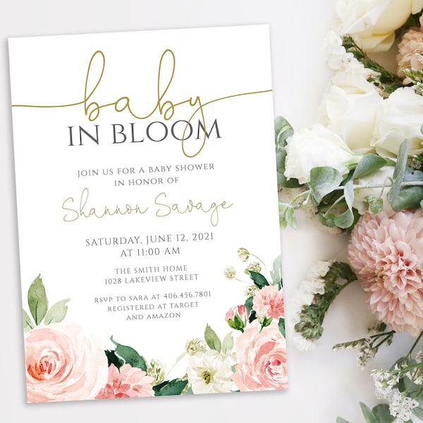 Floral Baby In Bloom Shower Invitation Template, Blush Baby Shower Invite, Editable Invitation, 100% EDITABLE Text, Instant Download, P24