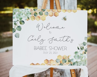 Baby Shower Welcome Sign, Bee Baby Shower Welcome, Honeycomb Baby Shower, Babee Welcome Poster, Large Yard Sign, 100% Editable Text, a18