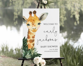 Giraffe Baby Shower Welcome Sign Template, Gender Neutral Safari Baby Shower, EDIT ALL TEXT, Large Welcome Sign, 5 Sizes Included, C02