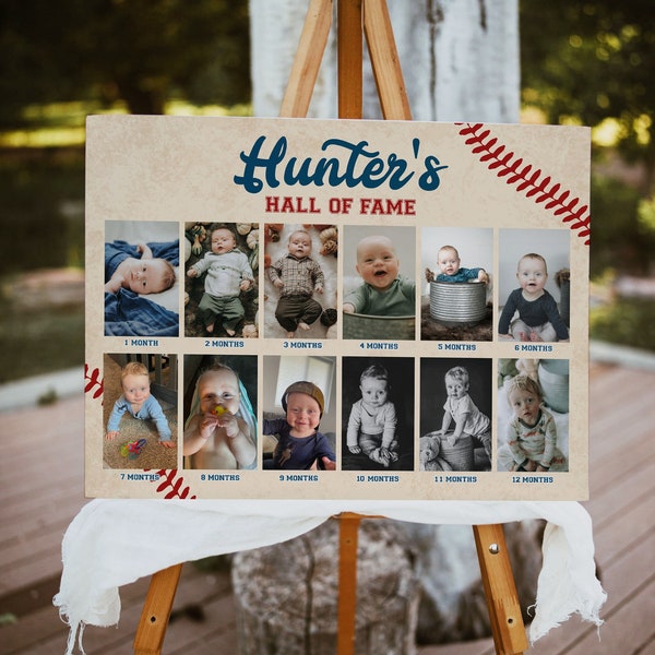Baseball Monthly Photo Collage Poster Template, My First Birthday Photo Board, Hall of Fame Picture Sign, Vintage Baseball Birthday, B01
