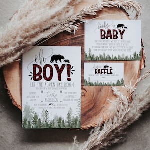 Lumberjack Baby Shower Invitation Bundle, Buffalo Plaid Wilderness Bear, Rustic Boy Shower, Diaper Raffle, Books For Baby, Digital File, A01