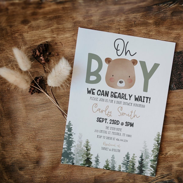 Editable Teddy Bear Baby Shower Invitation, Bear Themed Baby Shower,Woodland Bear Boy Baby Shower Invite,DIY template Digital File, a50