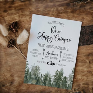 One Happy Camper Birthday Invitation Boy, Camping First Birthday Invite Template, Woodsy Rustic Pine Trees, Woodland Our Happy Camper, P14