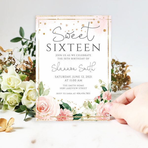 Sweet 16 Invitation, Floral Sweet Sixteen Birthday Invite, Editable Sixteenth Birthday Invite, 100% EDITABLE Text, INSTANT DOWNLOAD, P24
